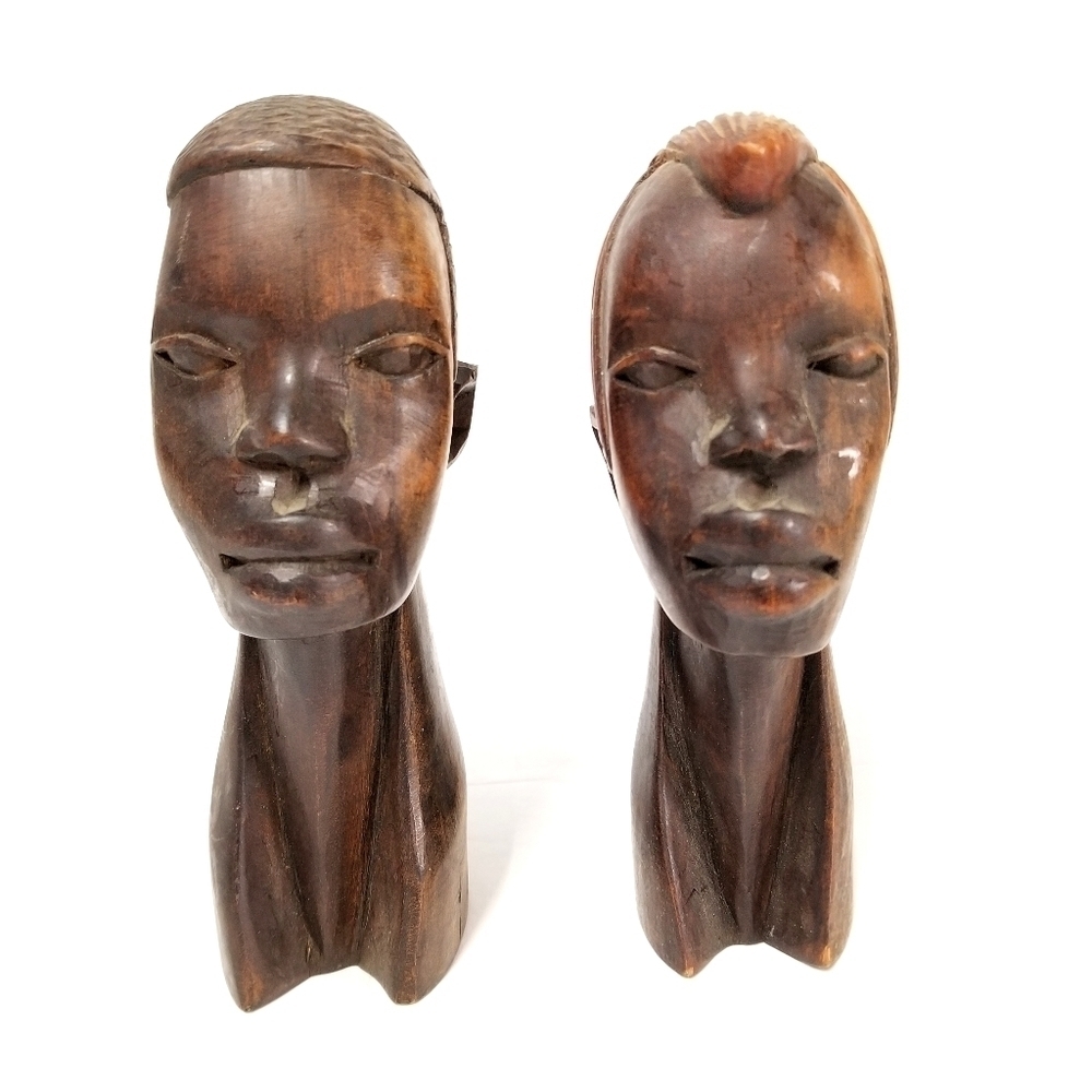 2 Vintage African Handcarved Solid Wooden Busts Man and Woman Figurine Sculpture